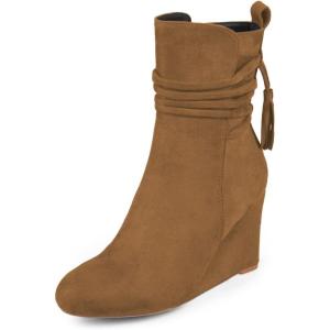 imageFSJ Women Round Toe Wedge High Heel Ankle Boots Retro Side Zipper Casual Walking Ladies Shoes Size 415 USBrown