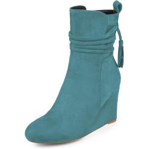 imageFSJ Women Round Toe Wedge High Heel Ankle Boots Retro Side Zipper Casual Walking Ladies Shoes Size 415 USTurquoise