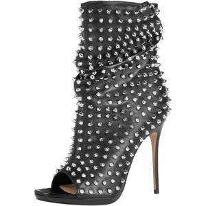imageFSJ Women Studded Rivets Peep Open Toe Stiletto High Heel Slouchy Ankle Boots Cocktail Nightclub Party Outfit Shoes Size 416 USBlack