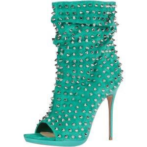 imageFSJ Women Studded Rivets Peep Open Toe Stiletto High Heel Slouchy Ankle Boots Cocktail Nightclub Party Outfit Shoes Size 416 USTurquoise