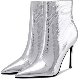 imageFSJ Women Stylish Metal Texture Sexy Pointed Toe Short Mid Calf Comfortable Stiletto High Heels Dress Single Ankle Boots Side Zip Office Lady Shoes Size 415 USSilver