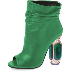 imageFSJ Women Stylish Peep Toe Slouch Ankle Boots Chunky Stacked Heels Party Prom Nightclub Evening Wedding Crystal Heel Dress Shoes Size 415 USGreen Crystal Heel