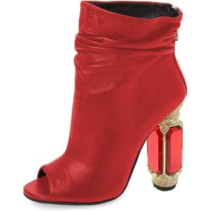imageFSJ Women Stylish Peep Toe Slouch Ankle Boots Chunky Stacked Heels Party Prom Nightclub Evening Wedding Crystal Heel Dress Shoes Size 415 USRed Crystal Heel