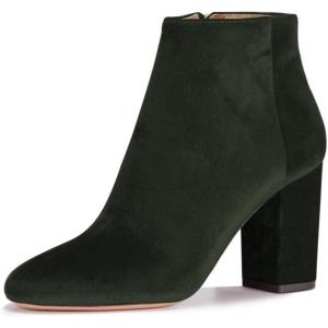 imageWomen Elegant Velvet Round Toe Ankle Boots Chunky High Heels Office Lady Booties Size 415 USForest Green