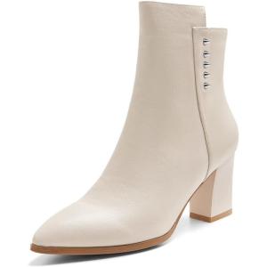 imageFSJ Women Chunky Block Heel Ankle Boots Pointed Toe Studded Rivets Side Zipper Casual Chelsea Western Short Booties Size 415 USBeige