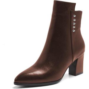 imageFSJ Women Chunky Block Heel Ankle Boots Pointed Toe Studded Rivets Side Zipper Casual Chelsea Western Short Booties Size 415 USBrown