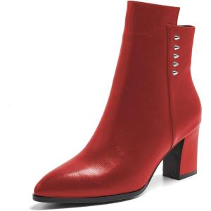imageFSJ Women Chunky Block Heel Ankle Boots Pointed Toe Studded Rivets Side Zipper Casual Chelsea Western Short Booties Size 415 USRed