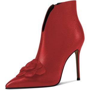 imageFSJ Women Elegant Flower Decoration Ankle Boots Pointed Toe Stiletto High Heel Side Zipper Evening Dress Ladies Shoes Size 415 USRed