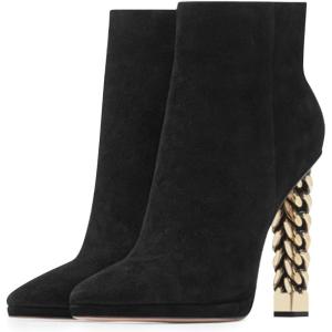 imageFSJ Women Fashion Gold Metal Chain Chunky High Heel Ankle Boots Pointed Toe Winter Booties Side Zipper Comfy Dress Short Boots 415 M USBlackfaux Suade
