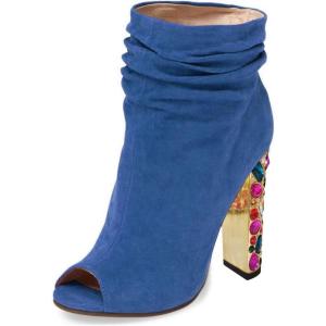 imageFSJ Women Fashion Slouch Ankle Boots Peep Toe Chunky High Heel Studded with Crystal Gem Heel Back Zipper Party Dress Walking Shoes Size 415 USBlue Gem Heel