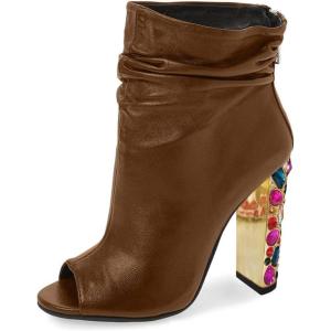 imageFSJ Women Fashion Slouch Ankle Boots Peep Toe Chunky High Heel Studded with Crystal Gem Heel Back Zipper Party Dress Walking Shoes Size 415 USBrown Gem Heel