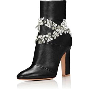 imageFSJ Women Retro Chunky High Heel Ankle Boots Pointed Toe Booties with Side Zipper Winter Shoes Size 415 USBlack Rhinestone