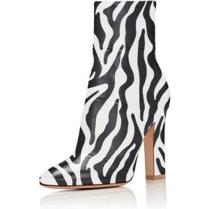 imageFSJ Women Retro Chunky High Heel Ankle Boots Pointed Toe Booties with Side Zipper Winter Shoes Size 415 USBlack and White Stripe