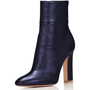 imageFSJ Women Retro Chunky High Heel Ankle Boots Pointed Toe Booties with Side Zipper Winter Shoes Size 415 USNavy Matte