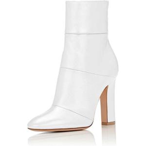 imageFSJ Women Retro Chunky High Heel Ankle Boots Pointed Toe Booties with Side Zipper Winter Shoes Size 415 USWhite