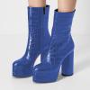 imageFSJ Women Gorgeous Platform Ankle Boots Closed Round Toe Chunky High Heel Pull On Shoes Size 415 USBlue Crocodile