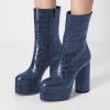 imageFSJ Women Gorgeous Platform Ankle Boots Closed Round Toe Chunky High Heel Pull On Shoes Size 415 USSteelblue Crocodile