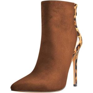 imageFSJ Women Fashion High Heel Ankle Boots Leopard Print Closed Pointed Toe Stilettos Zipper Warm Shoes Size 415 M USBrown Leopard