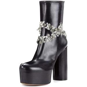 imageFSJ Women Gorgeous Platform Ankle Boots Closed Round Toe Chunky High Heel Pull On Shoes Size 415 USBlack Crystal