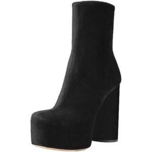 imageFSJ Women Gorgeous Platform Ankle Boots Closed Round Toe Chunky High Heel Pull On Shoes Size 415 USBlack Velvet