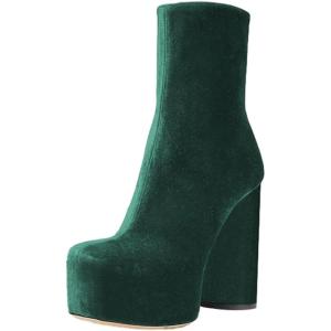imageFSJ Women Gorgeous Platform Ankle Boots Closed Round Toe Chunky High Heel Pull On Shoes Size 415 USDark Green Velvet