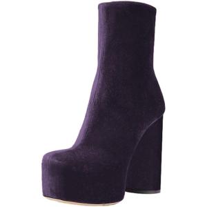 imageFSJ Women Gorgeous Platform Ankle Boots Closed Round Toe Chunky High Heel Pull On Shoes Size 415 USDark Purple Velvet