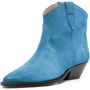 imageFSJ Women Low Stacked Heel Western Cowboy Ankle Boots Faux Suede Pointed Toe Slip On Retro Cowgirl Booties Wide Calf Formal Outfit Shoes Size 416 USBlue