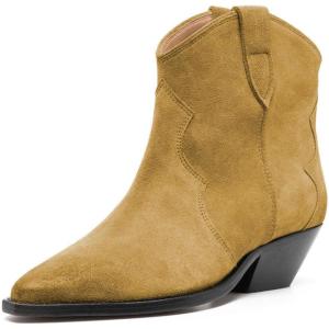imageFSJ Women Low Stacked Heel Western Cowboy Ankle Boots Faux Suede Pointed Toe Slip On Retro Cowgirl Booties Wide Calf Formal Outfit Shoes Size 416 USGoldenrod