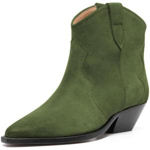 imageFSJ Women Low Stacked Heel Western Cowboy Ankle Boots Faux Suede Pointed Toe Slip On Retro Cowgirl Booties Wide Calf Formal Outfit Shoes Size 416 USGreen