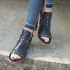 imageFSJ Women Peep Open Toe Boot Cut Out Buckle Ankle Bootie Comfortable Stacked Block Low Heeled Sandal Shoes Size 415 USNavy