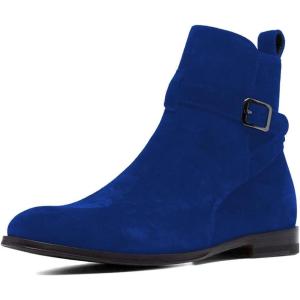 imageFSJ Women Chic Suede Round Toe Block Low Heel Ankle Boots Elastic Buckle Pull On Classic Casual Ladies Shoes Size 415 USBlue