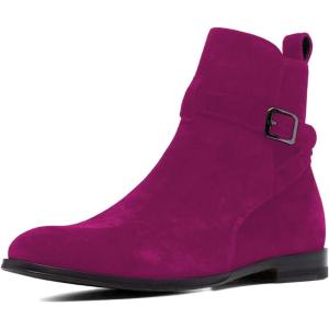imageFSJ Women Chic Suede Round Toe Block Low Heel Ankle Boots Elastic Buckle Pull On Classic Casual Ladies Shoes Size 415 USViolet Red