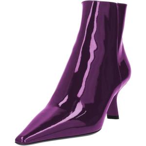 imageFSJ Women Closed Toe Ankle Boots Slanted Kitten Mid Heel Side Zipper Short Booties Glossy Leather Walking Dress Shoes Size 416 USPurple