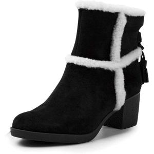 imageFSJ Women Fuzzy Round Toe Mid Chunky Block Heel Ankle Booties Chic Tassels Side Zipper Short Boots Winter Casual Formal Dress Shoes Size 415 USBlack