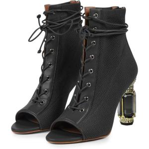 imageFSJ Women Open Peep Toe Ankle Boots Crystal High Heel Mesh Lace Up Booties Back Zipper Comfort Wedding Party Dress Pumps Shoes Size 415 USBlack