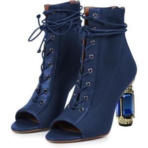 imageFSJ Women Open Peep Toe Ankle Boots Crystal High Heel Mesh Lace Up Booties Back Zipper Comfort Wedding Party Dress Pumps Shoes Size 415 USBlue