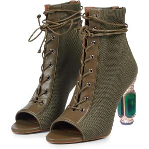 imageFSJ Women Open Peep Toe Ankle Boots Crystal High Heel Mesh Lace Up Booties Back Zipper Comfort Wedding Party Dress Pumps Shoes Size 415 USOlive Green