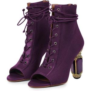 imageFSJ Women Open Peep Toe Ankle Boots Crystal High Heel Mesh Lace Up Booties Back Zipper Comfort Wedding Party Dress Pumps Shoes Size 415 USPurple
