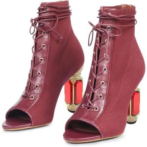 imageFSJ Women Open Peep Toe Ankle Boots Crystal High Heel Mesh Lace Up Booties Back Zipper Comfort Wedding Party Dress Pumps Shoes Size 415 USRed