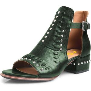imageFSJ Women Peep Open Toe Boot Cut Out Buckle Ankle Bootie Comfortable Stacked Block Low Heeled Sandal Shoes Size 415 USGreen
