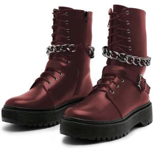 imageFSJ Women Platform Ankle Boots Flat Low Heel Combat Boots Chain Round Toe Lace Up Side Zipper Thick Heel Leather Booties Fall Winter Boots Size 415 USMetallic Brown