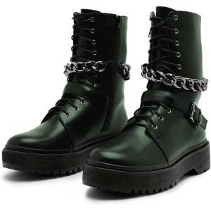 imageFSJ Women Platform Ankle Boots Flat Low Heel Combat Boots Chain Round Toe Lace Up Side Zipper Thick Heel Leather Booties Fall Winter Boots Size 415 USGreen