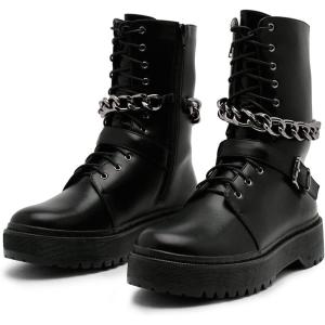 imageFSJ Women Platform Ankle Boots Flat Low Heel Combat Boots Chain Round Toe Lace Up Side Zipper Thick Heel Leather Booties Fall Winter Boots Size 415 USBlack