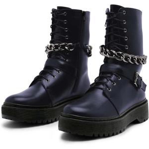 imageFSJ Women Platform Ankle Boots Flat Low Heel Combat Boots Chain Round Toe Lace Up Side Zipper Thick Heel Leather Booties Fall Winter Boots Size 415 USNavy