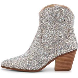 imageFSJ Women Rhinestone Cowboy Boots Sparkly Ankle Boots Cowgirl Western Wide Calf Pointed Toe Fashion Chunky Stacked Heel Ladies Shoes Size 416 USRhinestone