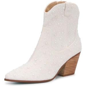 imageFSJ Women Rhinestone Cowboy Boots Sparkly Ankle Boots Cowgirl Western Wide Calf Pointed Toe Fashion Chunky Stacked Heel Ladies Shoes Size 416 USWhite