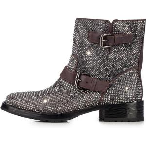 imageFSJ Women Rhinestone Low Block Heel Round Toe Ankle Boots with Full Bling Sparkling Crystal Booties Buckle Straps Wedding Party Date Dress Shoes Size 416 USGrey
