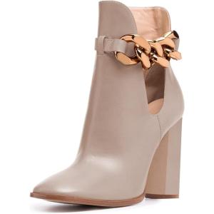 imageFSJ Women Side Cutout Pointed Toe Ankle Boots Block Stacked Chunky Heel Comfy Adjustable Chain Straps Buckle Fashion Booties Size 415 USLight Brown