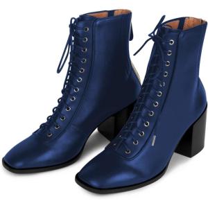 imageFSJ Women Square Toe Lace Up Ankle Bootie Block Chunky Heel Back Zipper Boots Fashion Chelsea Party Dress Short Booties Size 415 USBlue