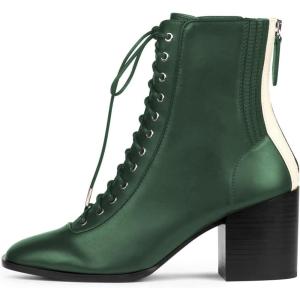 imageFSJ Women Square Toe Lace Up Ankle Bootie Block Chunky Heel Back Zipper Boots Fashion Chelsea Party Dress Short Booties Size 415 USDark Green